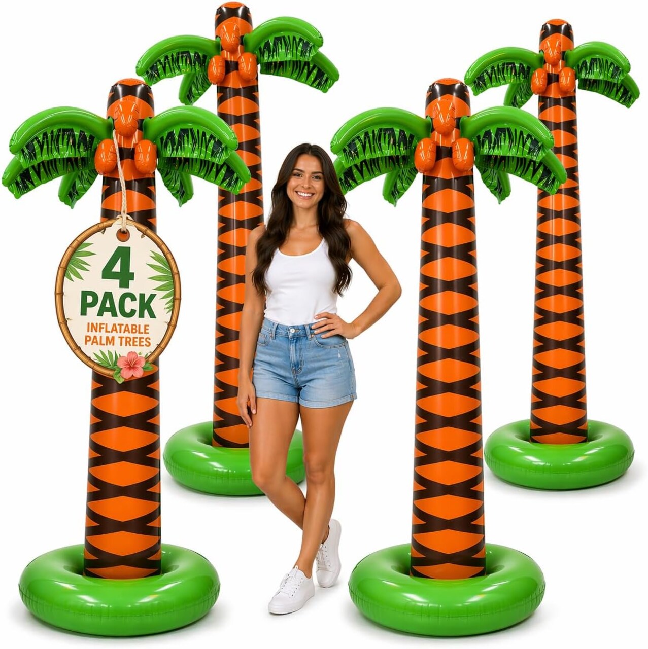 4E's Novelty Giant Inflatable Palm Trees 6 Ft Tall, 4 Pack Bulk - Luau Hawaiian Tropical Party Decorations for Adults & Kids, Summer Beach Theme Photo Prop Pool Decor, Birthday Supplies
